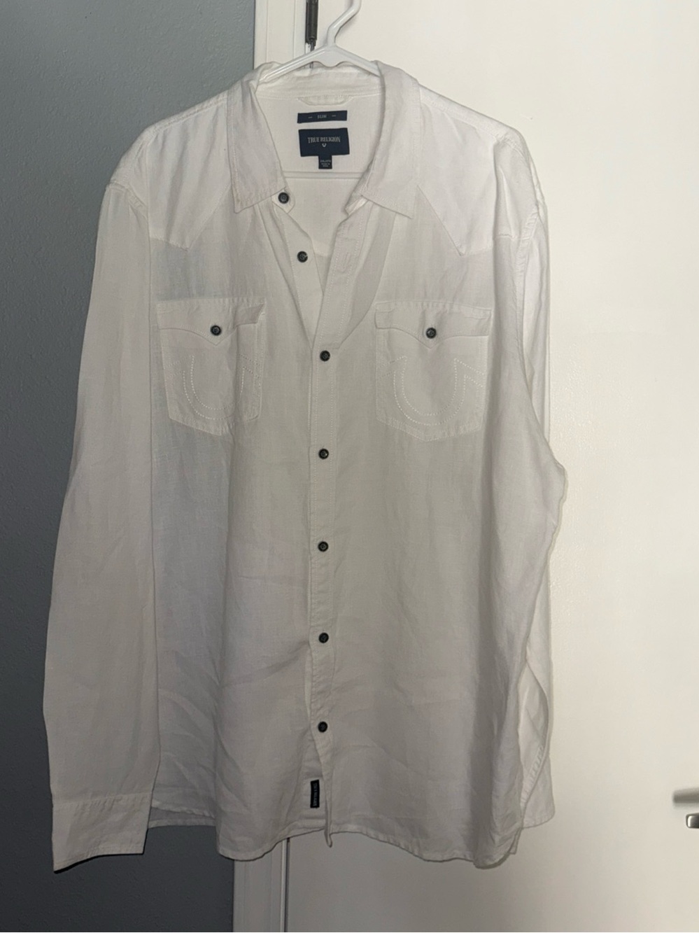 TRUE RELIGION Mens 2XL Slim Button Down 100% Linen Western Yoke Luxury White